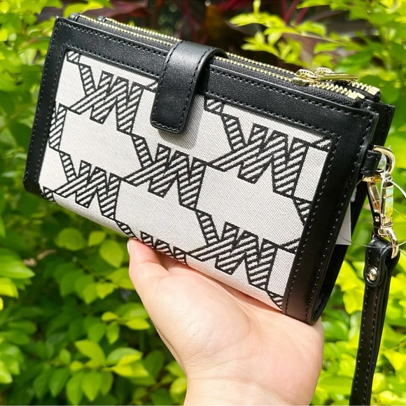 Michael Kors Jet Set Travel Large Double Zip Wallet Graphic Logo MK Beige Black - Picture 3 of 6